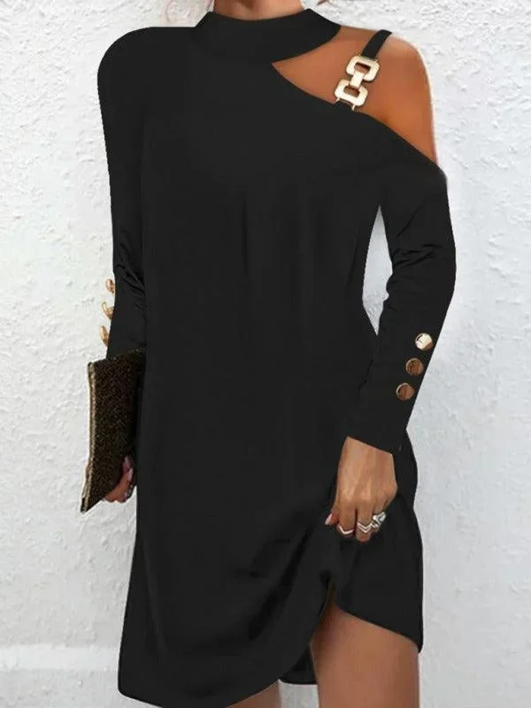 Women’s Long Sleeve Knee Length Dress With Shoulder Buckle Detail