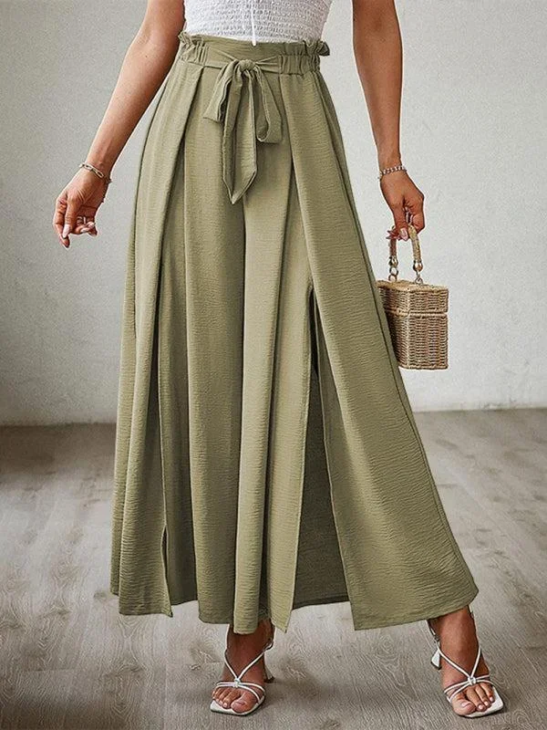 Women’s Loose High Waist Pleated Wide Leg Trousers With Bow Belt