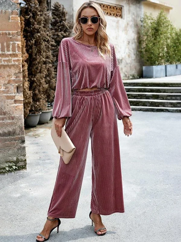 Women’s Matching Ribbed Velour Long Sleeve Top And Wide Leg Trousers