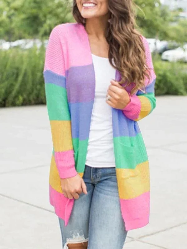 Women’s Open Front Longline Cardigan With Contrast Rainbow Pattern