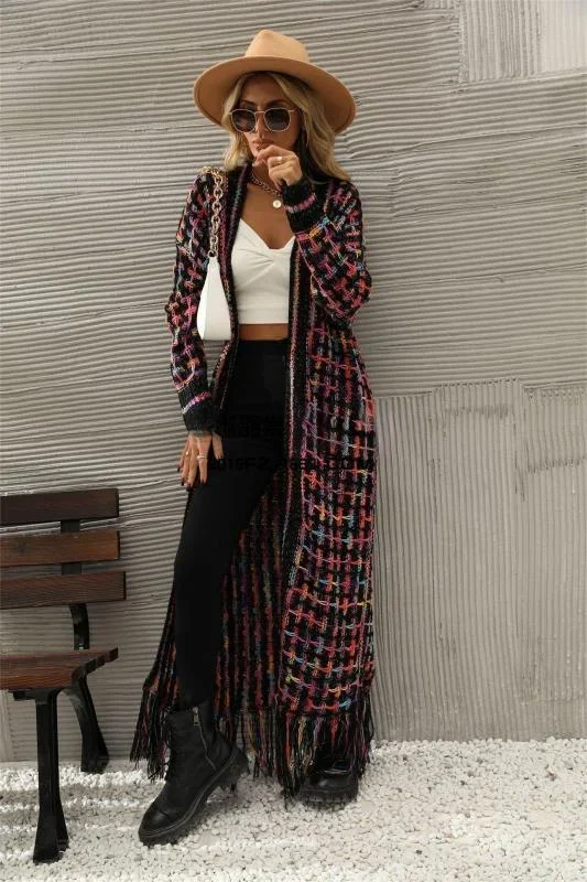 Women’s Plaid Print Floor Length Cardigan With Tassel Hem