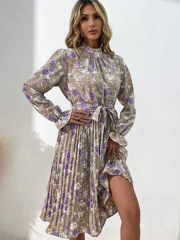 Women’s Pleated Ruffle High Neck Dress