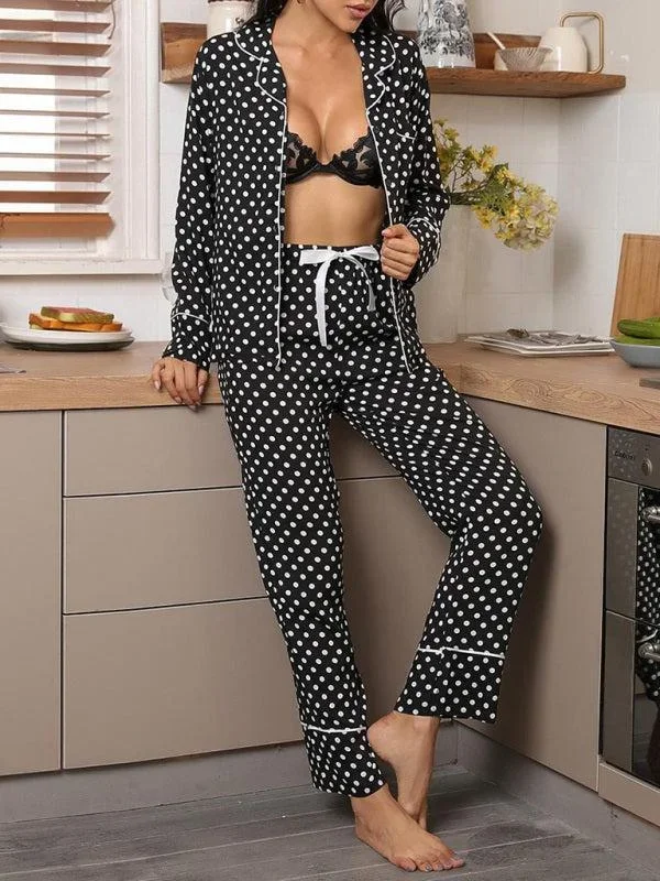 Women’s Polka Dot Long Sleeve Button Top And Trousers Loungewear Set