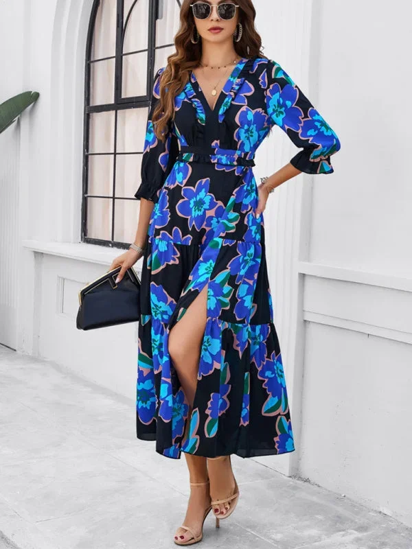 Women’s Printed V-Neck Long Length Flowy Dress With Front Thigh Split