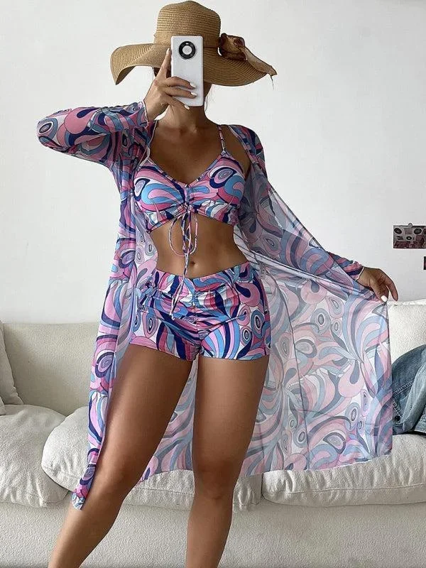 Women’s Retro Swimwear Set Featuring Bikini Top, High Waist Short Bottoms and Kimono
