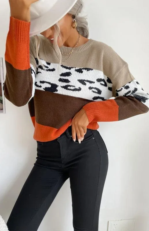 Women’s Round Neck Colour Contract Jumper With Leopard Print Detail