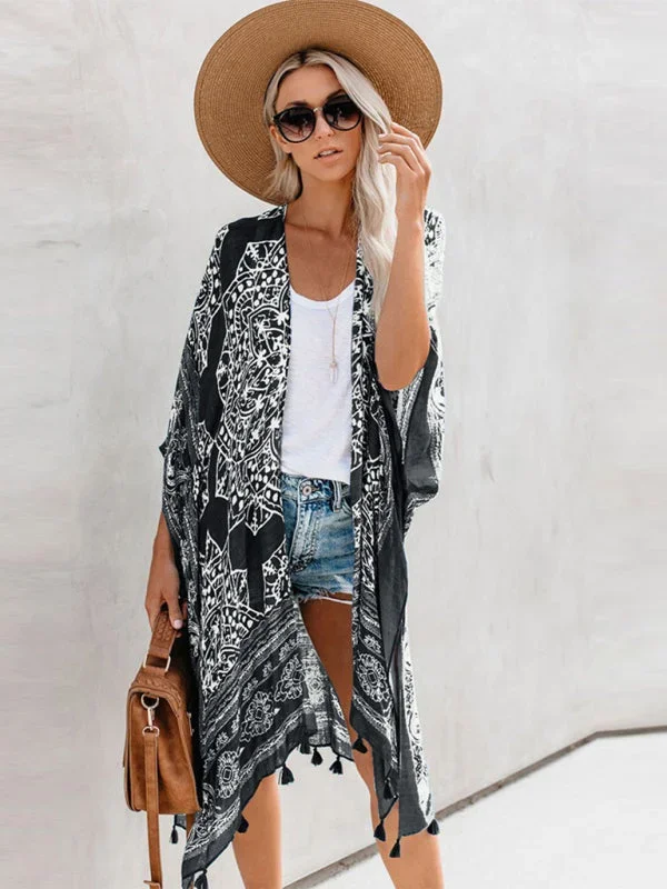 Women’s Sexy Boho Print Beach Cover Up With Tassels