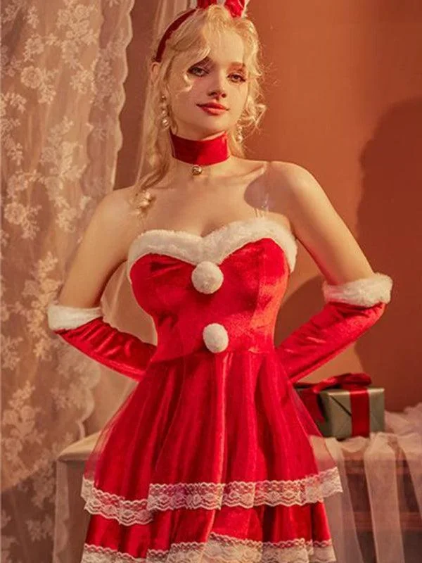 Women’s Sexy Santa Velvet and Lace Lingerie Christmas Dress Set