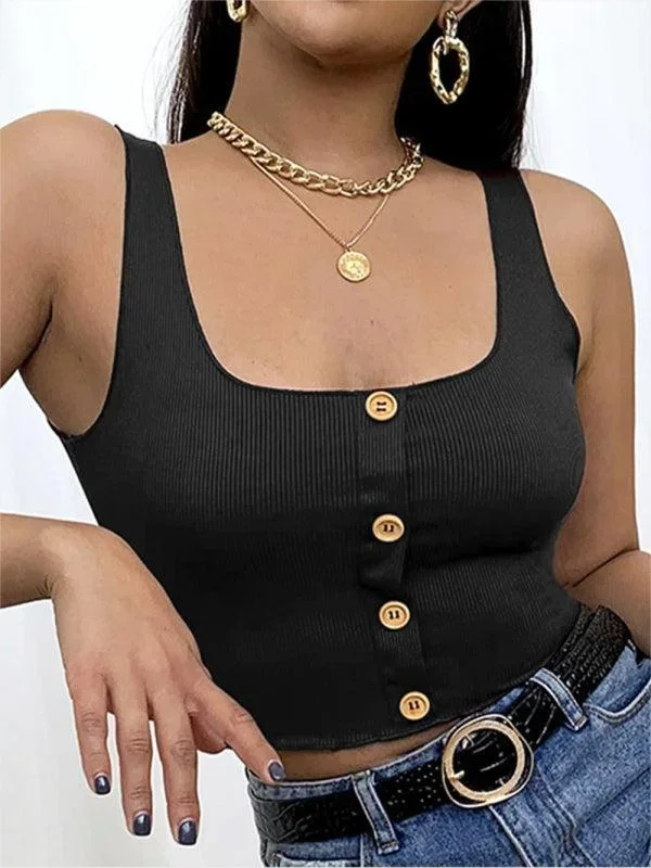 Women’s Square Neck Button Front Knit Crop Tank Top