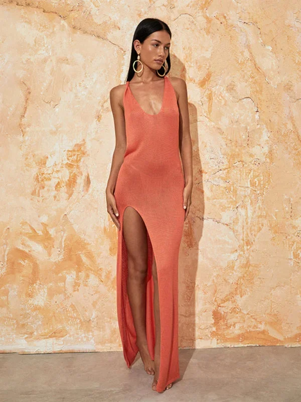 Women’s Stunning Knitted Floor Length Beach Dress With Open Back Design