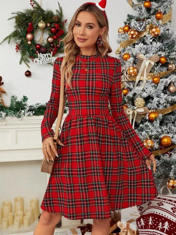 Women’s Traditional Plaid Print Long Sleeve A-Line Dress