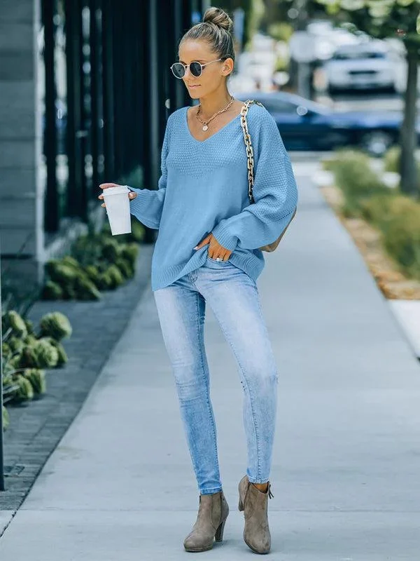 Women’s V-Neck Loose Fit Textured Casual Jumper