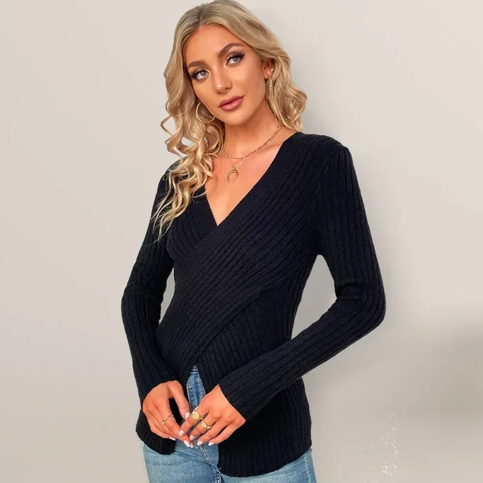 Women’s V-Neck Ribbed Crossover Jumper