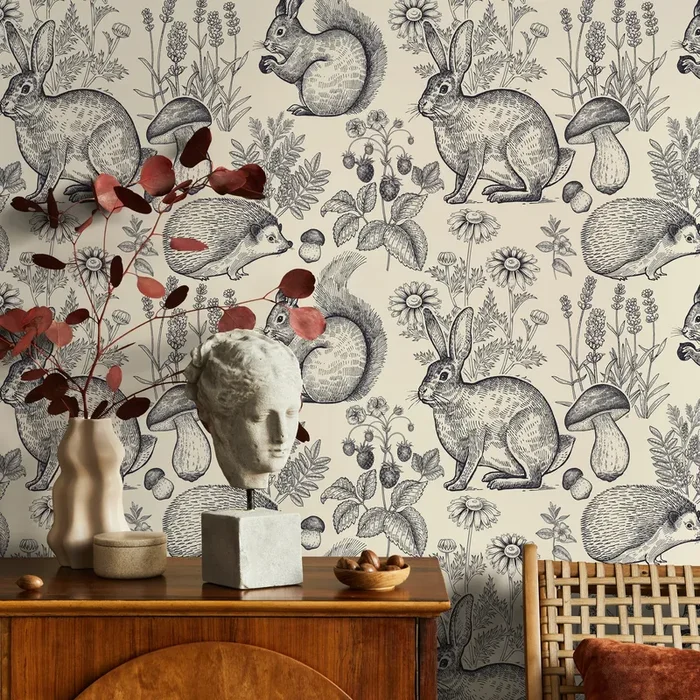 Woodland Wallpaper With Vintage Engraved Forest Animals In Black And Cream – B405