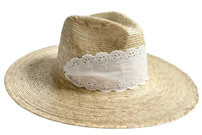Zinnia Sun Hat – White Wide & Short Lace Eyelet Ribbon