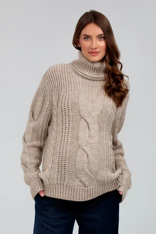 Zopfstrick Umstandspullover mit Rollkragen beige